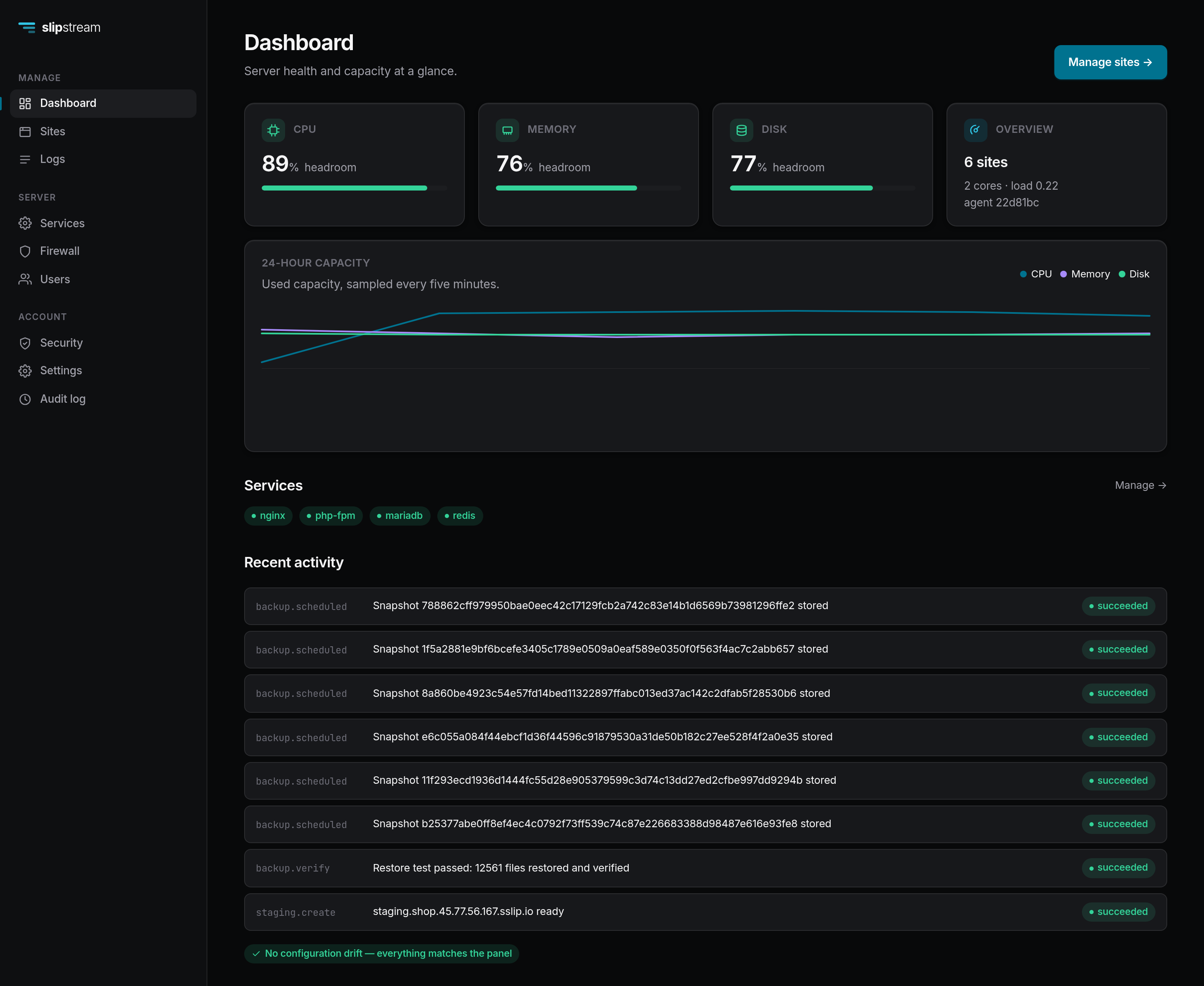 The Slipstream dashboard in dark mode.